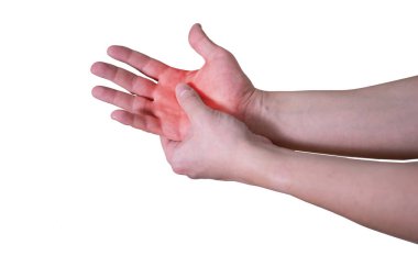 Pain in a man's palm on a white background. The concept of health.