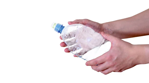 Мужчина Держит Пустую Пластиковую Бутылку Изолированную Белом Фоне Концепция Переработки — стоковое фото