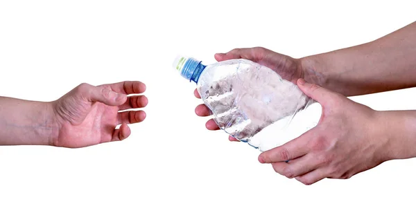Мужчина Проходит Мимо Пустой Пластиковой Бутылки Изолированной Белом Фоне Концепция — стоковое фото