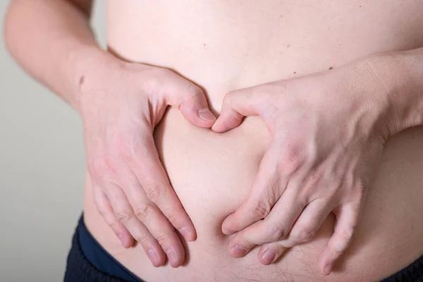 Hombre Mano Tocando Piel Del Vientre Gordo Concepto Bueno Sano — Foto de Stock