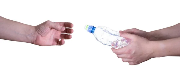 Мужчина Проходит Мимо Пустой Пластиковой Бутылки Изолированной Белом Фоне Концепция — стоковое фото