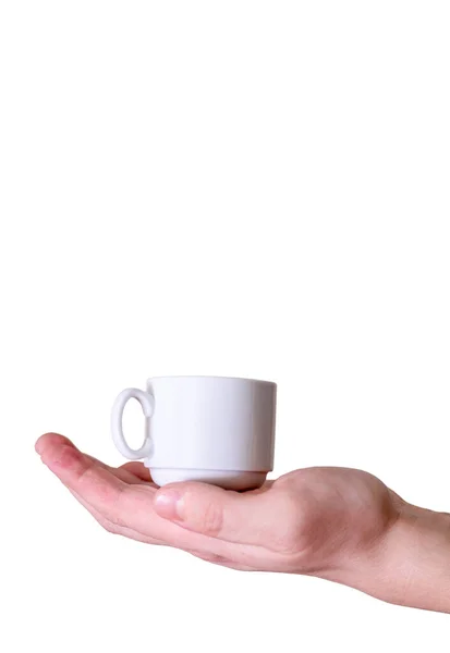 Мужчина Держит Белую Чашку Кофе Эспрессо Белом Фоне Концепция Утреннего — стоковое фото