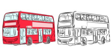 Londra çift katlı modern otobüs. Kırmızı ve kurşun kalemle çizilmiş. Ön manzaralı. Kırmızı otobüs.