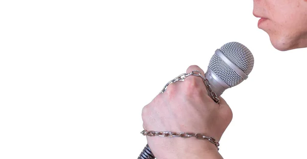 Muž Mluví Mikrofonu Zblízka Bílém Pozadí Světový Den Svobody Tisku — Stock fotografie