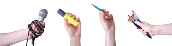 Kalem Mikrofon Işaret Fırça Tutan Kolajı Dünya Basın Özgürlüğü Günü — Stok fotoğraf