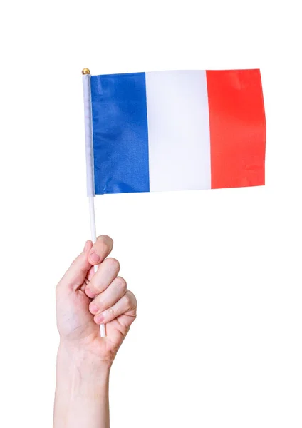 Рука Держит Флаг Франции Белом Изолированном Фоне Концепция Страны — стоковое фото