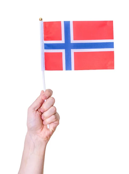 Ruka Drží Norskou Vlajku Bílém Izolovaném Pozadí Koncept Velké Země — Stock fotografie