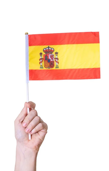 Uma Mão Segura Bandeira Espanha Sobre Fundo Branco Isolado Conceito — Fotografia de Stock