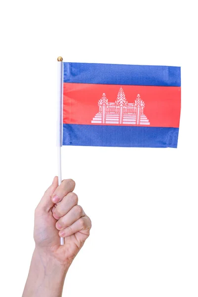 Una Mano Tiene Bandiera Bandiera Della Cambogia Uno Sfondo Bianco — Foto Stock