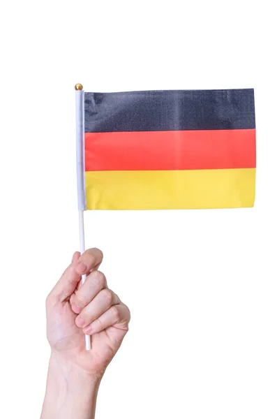 Hand Håller Flaggan Tysklands Flagga Vit Isolerad Bakgrund Begreppet Ett — Stockfoto