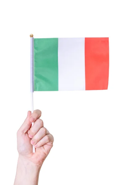 Hand Håller Flaggan Italiens Flagga Vit Isolerad Bakgrund Begreppet Ett — Stockfoto