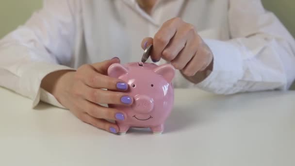 여성의 클로즈업하고 동전을 분홍색 저금통에 놓았습니다 경제적 사업적 — 비디오