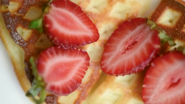 Belgian Waffles Strawberries Spinning Table Delicious Breakfast Concept — Stock Video