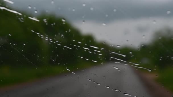 Вид из окна автомобиля в деревне на зеленых деревьях столбы дома в дневное время под дождем и серое небо молния удар — стоковое видео