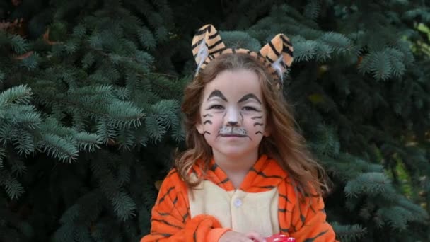 Linda chica feliz bailando y sonriendo en traje de tigre con concepto de regalo del año del tigre 2022 — Vídeo de stock