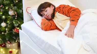 Kaplan gibi giyinmiş bir kız Noel ağacının yanında uyur ve hediyeleri bekler.