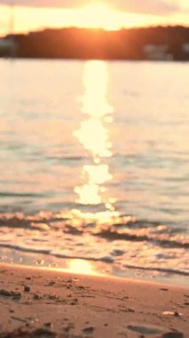 dikey video. Bir adam yürür. Sahilde gün batımında. 