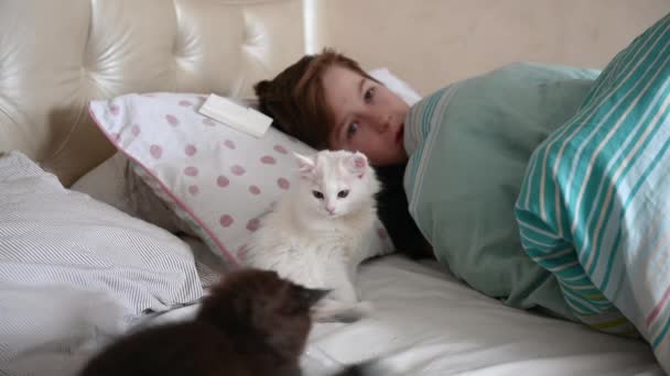 Ένα 12χρονο αγόρι κείτεται σε ένα κρεβάτι άρρωστο, δύο γατάκια παίζουν χαρούμενα δίπλα τους ασπρόμαυρα. — Αρχείο Βίντεο