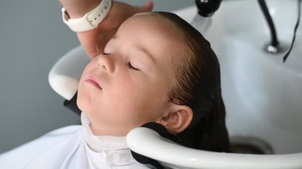 Fille mignonne enfant obtenir une coupe de cheveux dans le salon laver leurs cheveux — Video