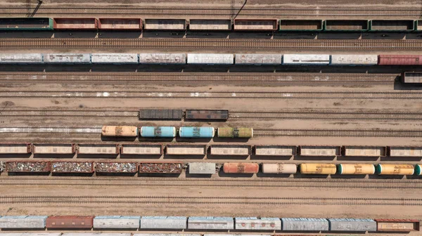 stock image Aerial view of rail sorting freight station with railway cars, tracks, railroad