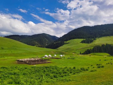 Mountain pasture farm with yurts in Kazakhstan's mountains, Almaty region.