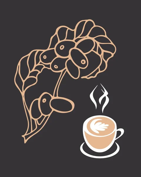 Hand drawn vector illustration of coffee branch with beans and a cup or cuppuccino. Suit for poster, cover and card design, marketing material, print for menu, cafe, restaurant. Dark background — Stock Vector