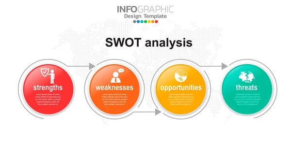 Swot分析概念中四个具有图标和文本位置的彩色元素 — 图库矢量图片