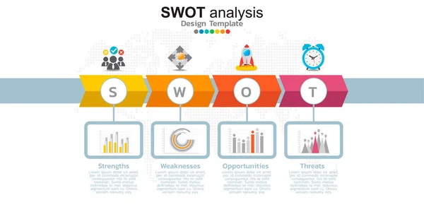 Swot分析概念中四个具有图标和文本位置的彩色元素 — 图库矢量图片