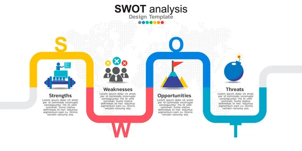 Swot分析概念中四个具有图标和文本位置的彩色元素 — 图库矢量图片