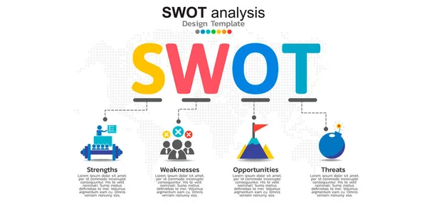 Swot分析概念中四个具有图标和文本位置的彩色元素 — 图库矢量图片