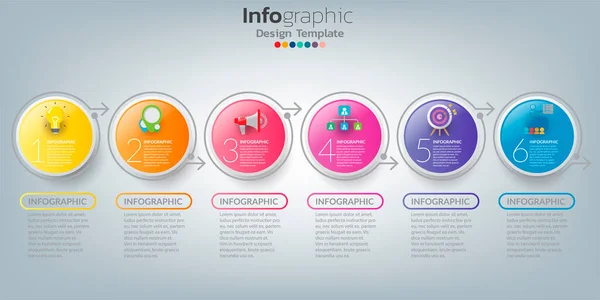 具有6个步骤和图标的现实彩色圆圈的Infographics时间表模板 — 图库矢量图片