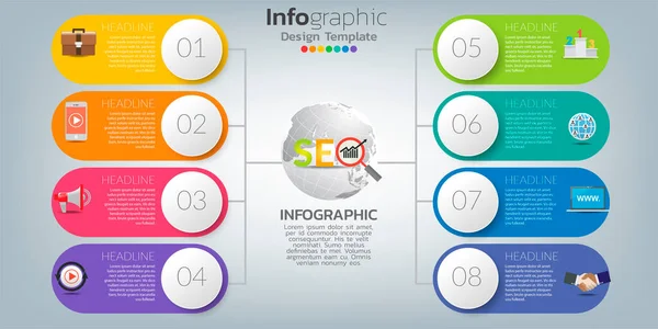 Infographics Για Seo Concept Εικονίδια Και Βήματα — Διανυσματικό Αρχείο