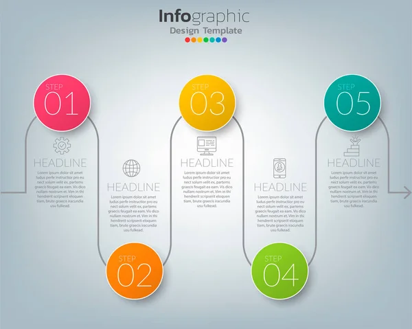 具有5个元素的Infographics模板工作流程图 — 图库矢量图片