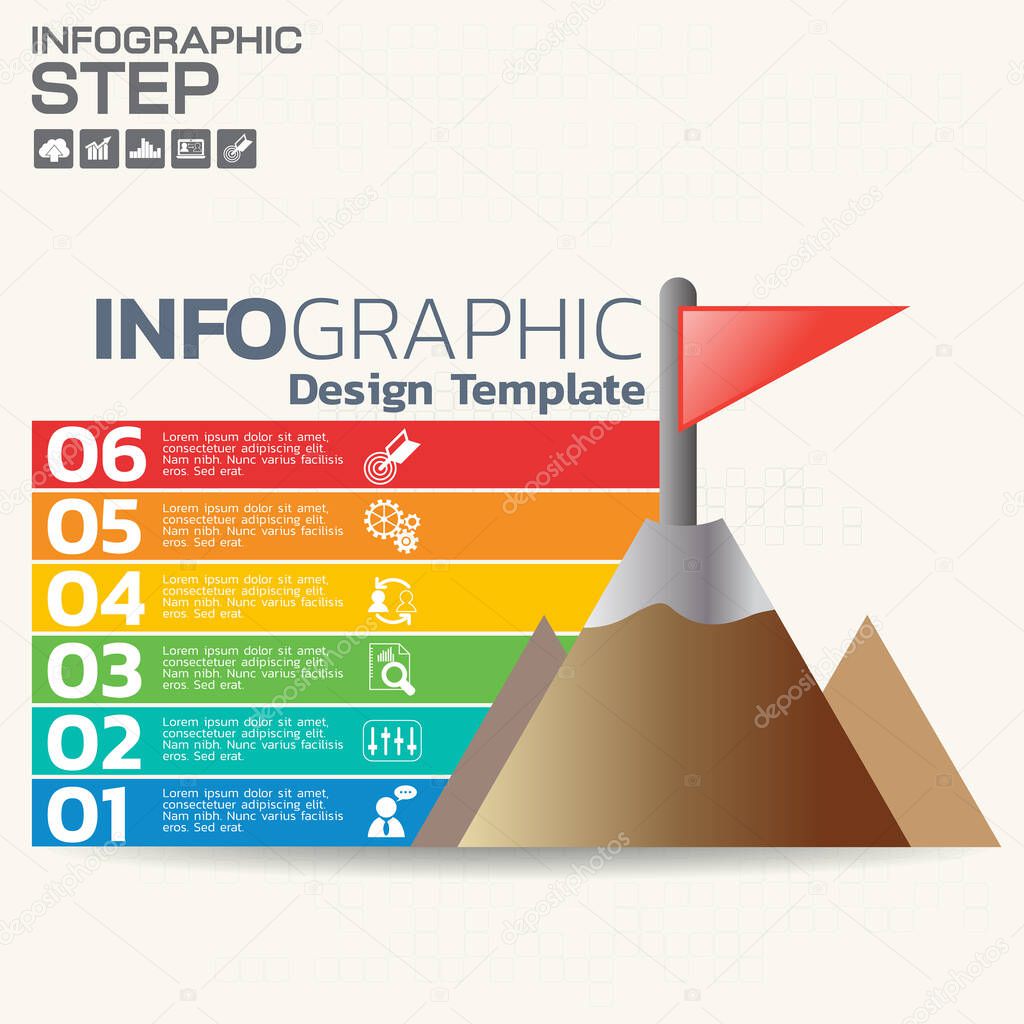 Infographics step by step. Pie chart, graph, diagram with 10 steps, options, parts, processes with small arrows. Vector business template for presentation and training.