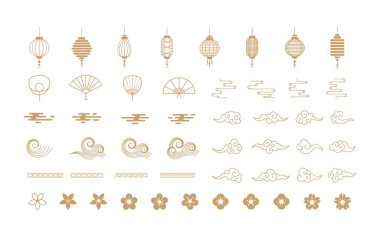 Çin Yeni Yıl Festivali için Asyalı vektör tasarımı. Fenerli ikon seti, yelpaze, bulut, Japon stili dalga..