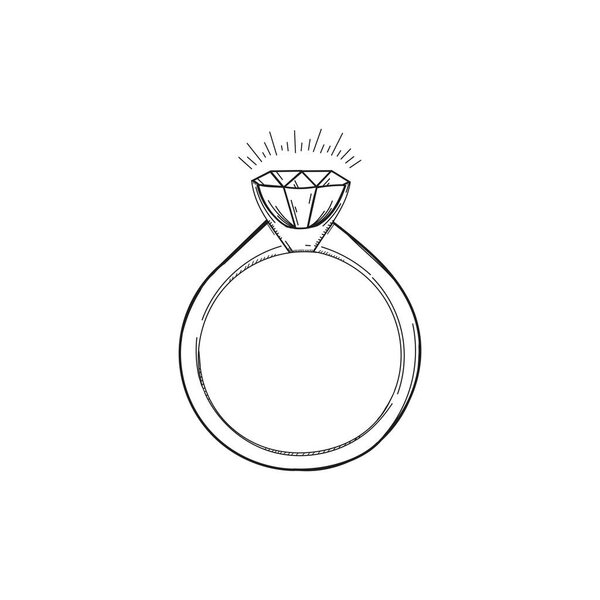 Wedding ring vector draw with diamond in doodle style isolated on white background. Hand drawn sketch of engagement jewelry with diamond illustration for wedding invitation, postcard, wedding party.
