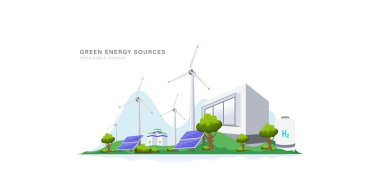 Güneş ve rüzgar kaynağı kavramına sahip yeşil enerji santrali. Temiz elektrik enerjisi ve gelecekteki sürdürülebilir dünya vektör çizimi için yenilenebilir kaynak.