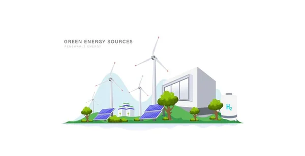 Πράσινο Εργοστάσιο Παραγωγής Ενέργειας Ηλιακή Και Αιολική Πηγή Υποβάθρου Έννοια — Διανυσματικό Αρχείο