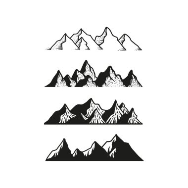 Açık hava sporları grafik tasarımı için dağ ikonu logo vektör çizimi. Siyah üst manzara tırmanış veya yürüyüş sporu konsepti için vintage çiziyor.