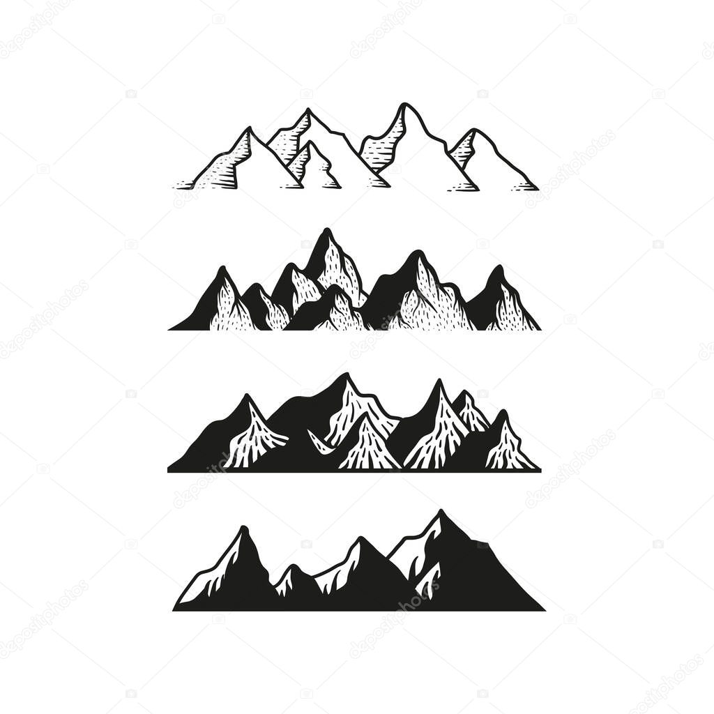 Mountain icon logo vector illustration for adventure outdoor sport graphic design. Black top landscape drawing vintage for climbing or hiking sport concept.