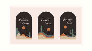 Ramazan Kareem tebrik kartı çizim vektör şablonu. Ramazan Mübarek modern kartlar. Retro boho tarzı tasarım, İslami çerçeve, hilal, cami, ay ve çöl..