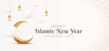 İslami Yeni Yıl kutlama vektörü tasarımı konsepti için 3d Hilal ve bulutlar