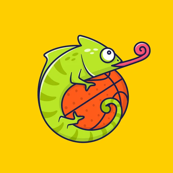 Cute Chameleon Pada Konsep Vektor Bola Ilustrasi - Stok Vektor