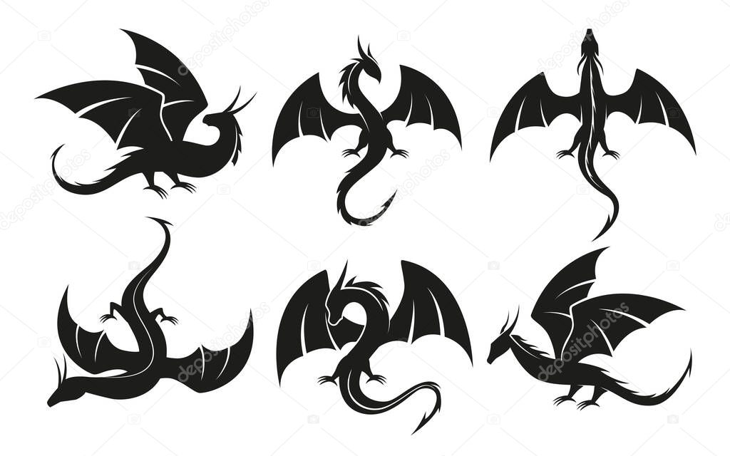 Dragon silhouette vector illustration at black and white design