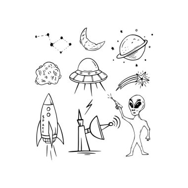 Ufo ve yabancı uzay gemisi vektör çizimi ile karalama siyah tasarım