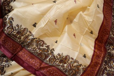 women Traditional White and Maroon Colour Saree Isolated on White Background