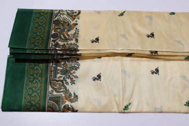 women Traditional White and Green Colour Saree Isolated on White Background