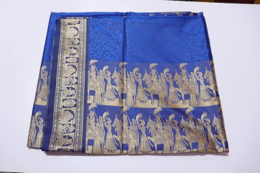 women Traditional Blue and Gold Colour Saree Isolated on White Background