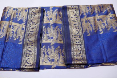 women Traditional Blue and Gold Colour Saree Isolated on White Background
