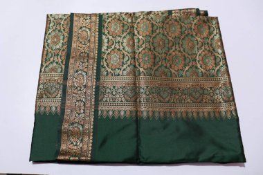 women Traditional Green and Gold Colour Saree Isolated on White Background